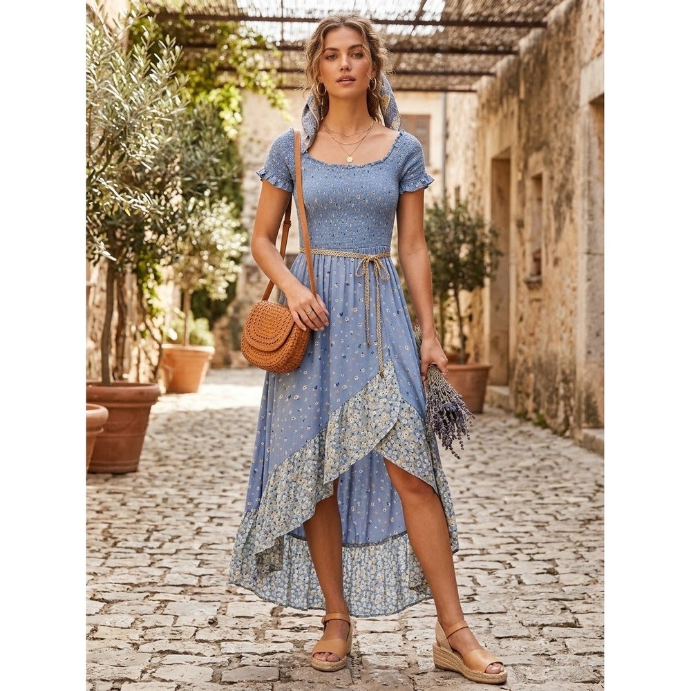 Angie Blue Floral Smocked High Low Midi Dress Ruffle Sleeve Large Boho Cottage